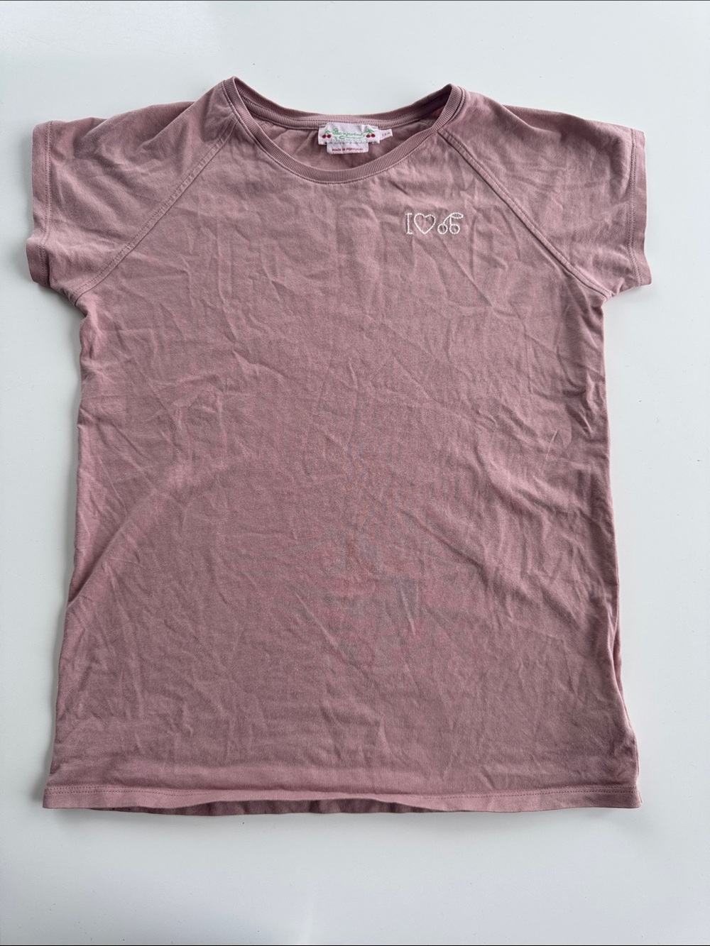 🍒BONPOINT light mauve short sleeve cotton t-shirt. I❤️🍒 embroidery, size 12